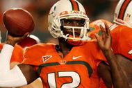FORT LAUDERDALE, FL - OCTOBER 03: Quarterback Jacory Harris #12 of the Miami Hurricanes throws a pass against the Oklahoma Sooners at Land Shark Stadium on October 3, 2009 in Fort Lauderdale, Florida. Miami defeated Oklahoma 21-20. (Photo by Doug Benc/Getty Images)