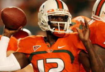 FORT LAUDERDALE, FL - OCTOBER 03: Quarterback Jacory Harris #12 of the Miami Hurricanes throws a pass against the Oklahoma Sooners at Land Shark Stadium on October 3, 2009 in Fort Lauderdale, Florida. Miami defeated Oklahoma 21-20. (Photo by Doug Benc/Getty Images)