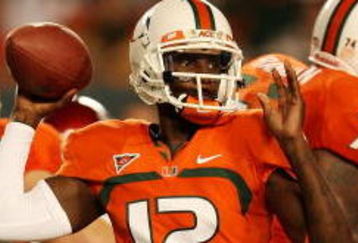 FORT LAUDERDALE, FL - OCTOBER 03: Quarterback Jacory Harris #12 of the Miami Hurricanes throws a pass against the Oklahoma Sooners at Land Shark Stadium on October 3, 2009 in Fort Lauderdale, Florida. Miami defeated Oklahoma 21-20. (Photo by Doug Benc/Getty Images)