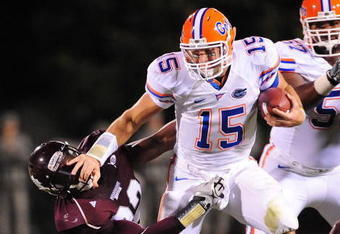 STARKVILLE, MS - OCTOBER 24:  Quarterback Tim Tebow # 15 of the University of Florida Gators runs the ball against the Mississippi State Bulldogs at Davis Wade Stadium on  October 24, 2009 in Starkville, Mississippi  (Photo by Rick Dole/Getty Images)