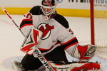 NEW YORK - OCTOBER 22: Martin Brodeur #30 of the New Jersey Devils makes a stop against the New York Rangers during the game on October 22, 2009 at Madison Square Garden in New York City. (Photo by Jared Wickerham/Getty Images)