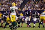 MINNEAPOLIS - OCTOBER 05:  Quarterback Brett Favre #4 of the Minnesota Vikings lines up during the Monday Night Football game against the Green Bay Packers on October 5, 2009 at Hubert H. Humphrey Metrodome in Minneapolis, Minnesota.  (Photo by Jamie Squire/Getty Images)
