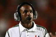 MIAMI - NOVEMBER 13:  Head coach Randy Shannon of the Miami Hurricanes looks up toward the scoreboard while taking on the Virginia Tech Hokies at Dolphin Stadium on November 13, 2008 in Miami, Florida. Miami defeated Virginia Tech 16-14.  (Photo by Doug Benc/Getty Images)