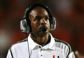 MIAMI - NOVEMBER 13:  Head coach Randy Shannon of the Miami Hurricanes looks up toward the scoreboard while taking on the Virginia Tech Hokies at Dolphin Stadium on November 13, 2008 in Miami, Florida. Miami defeated Virginia Tech 16-14.  (Photo by Doug Benc/Getty Images)