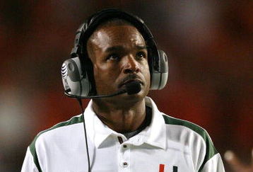 MIAMI - NOVEMBER 13:  Head coach Randy Shannon of the Miami Hurricanes looks up toward the scoreboard while taking on the Virginia Tech Hokies at Dolphin Stadium on November 13, 2008 in Miami, Florida. Miami defeated Virginia Tech 16-14.  (Photo by Doug Benc/Getty Images)