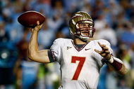 CHAPEL HILL, NC - OCTOBER 22: Christian Ponder #7 of the Florida State Seminoles throws a pass against the North Carolina Tar Heels at Kenan Stadium on October 22, 2009 in Chapel Hill, North Carolina. (Photo by Scott Halleran/Getty Images)