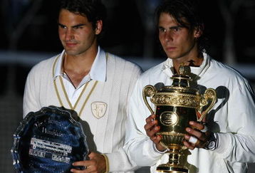 LONDON - JULY 06:  Rafael Nadal of Spain and Roger Federer of Switzerland pose for pictures with after Nadal won in five sets in the final on day thirteen of the Wimbledon Lawn Tennis Championships at the All England Lawn Tennis and Croquet Club on July 6, 2008 in London, England.  (Photo by Julian Finney/Getty Images)