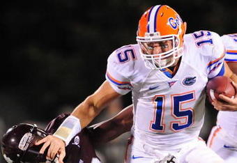 STARKVILLE, MS - OCTOBER 24:  Quarterback Tim Tebow # 15 of the University of Florida Gators runs the ball against the Mississippi State Bulldogs at Davis Wade Stadium on  October 24, 2009 in Starkville, Mississippi  (Photo by Rick Dole/Getty Images)