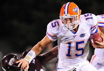 STARKVILLE, MS - OCTOBER 24:  Quarterback Tim Tebow # 15 of the University of Florida Gators runs the ball against the Mississippi State Bulldogs at Davis Wade Stadium on  October 24, 2009 in Starkville, Mississippi  (Photo by Rick Dole/Getty Images)