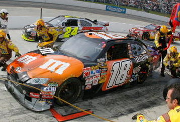 MARTINSVILLE, VA - OCTOBER 25:  Kyle Busch, driver of the #18 M&M's/Halloween Toyota, pits during the NASCAR Sprint Cup Series TUMS Fast Relief 500 at Martinsville Speedway on October 25, 2009 in Martinsville, Virginia.  (Photo by Jason Smith/Getty Images for NASCAR)