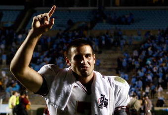 CHAPEL HILL, NC - OCTOBER 22:  Christian Ponder #7 of the Florida State Seminoles celebrates after the Seminoles defeated the North Carolina Tar Heels 30-27 at Kenan Stadium on October 22, 2009 in Chapel Hill, North Carolina.  (Photo by Scott Halleran/Getty Images)