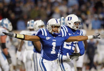 DURHAM, NC - NOVEMBER 29:  Jabari Marshall #1 of the Duke Blue Devils reacts on the field during the game against the North Carolina Tar Heels at Wallace Wade Stadium on November 29, 2008 in Durham, North Carolina. (Photo by Kevin C. Cox/Getty Images)