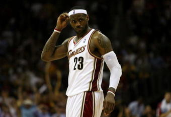 CLEVELAND - MAY 28:  LeBron James #23 of the Cleveland Cavaliers looks on late in the game against the Orlando Magic in Game Five of the Eastern Conference Finals during the 2009 Playoffs at Quicken Loans Arena on May 28, 2009 in Cleveland, Ohio. NOTE TO USER: User expressly acknowledges and agrees that, by downloading and or using this photograph, User is consenting to the terms and conditions of the Getty Images License Agreement  (Photo by Elsa/Getty Images)