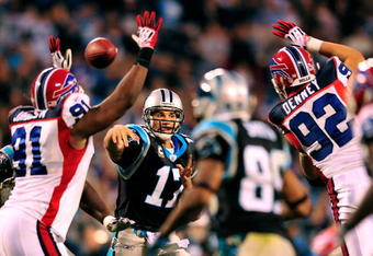 CHARLOTTE, NC - OCTOBER 25:  Jake Delhomme #17 of the Carolina Panthers drops back to pass against the Buffalo Bills at Bank of America Stadium on October 25, 2009 in Charlotte, North Carolina.  (Photo by Grant Halverson/Getty Images)