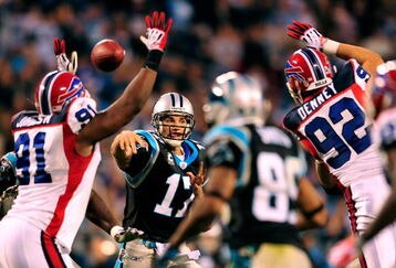 CHARLOTTE, NC - OCTOBER 25:  Jake Delhomme #17 of the Carolina Panthers drops back to pass against the Buffalo Bills at Bank of America Stadium on October 25, 2009 in Charlotte, North Carolina.  (Photo by Grant Halverson/Getty Images)