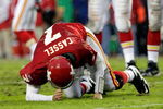 KANSAS CITY, MO - OCTOBER 25:  Quarterback Matt Cassel #7 of the Kansas City Chiefs gets up slowly after being sacked by the San Diego Chargers during the game on October 25, 2009 at Arrowhead Stadium in Kansas City, Missouri.  (Photo by Jamie Squire/Getty Images)