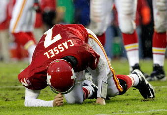KANSAS CITY, MO - OCTOBER 25:  Quarterback Matt Cassel #7 of the Kansas City Chiefs gets up slowly after being sacked by the San Diego Chargers during the game on October 25, 2009 at Arrowhead Stadium in Kansas City, Missouri.  (Photo by Jamie Squire/Getty Images)