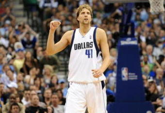 DALLAS - MAY 09:  Forward Dirk Nowitzki #41 of the Dallas Mavericks reacts during play with the Denver Nuggets in Game Three of the Western Conference Semifinals during the 2009 NBA Playoffs at AT&T Center on May 9, 2009 in Dallas, Texas. NOTE TO USER: User expressly acknowledges and agrees that, by downloading and or using this photograph, User is consenting to the terms and conditions of the Getty Images License Agreement.  (Photo by Ronald Martinez/Getty Images)