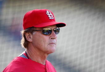 LOS ANGELES, CA - AUGUST 19:  St. Louis Cardinals manager Tony La Russa looks on during batting practice prior to the game against the Los Angeles Dodgers at Dodger Stadium on August 19, 2009 in Los Angeles, California.  (Photo by Jeff Gross/Getty Images)