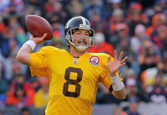 DENVER - OCTOBER 11:  Quarterback Kyle Orton #8 of the Denver Broncos delivers a pass against the New England Patriots during NFL action at Invesco Field at Mile High on October 11, 2009 in Denver, Colorado. The Broncos defeated the Patriots 20-17 in overtime.  (Photo by Doug Pensinger/Getty Images)