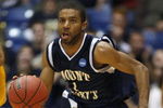 DAYTON, OH - MARCH 18: Jeremy Goode #1 of the Mount St. Mary's Mountaineers brings the ball up court against the Coppin State Eagles during the opening round of the Men'sNCAA Tournament on March 18, 2008 at the University of Dayton Arena in Dayton, Ohio. Mt. St. Mary's won the game 69-60. (Photo by Gregory Shamus/Getty Images)