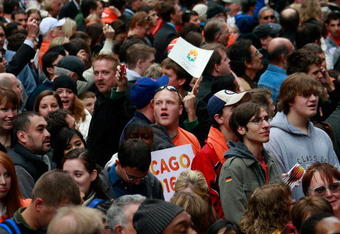 CHICAGO - OCTOBER 02:  Crowds are stunned and disappointed as they learn Chicago was eliminated in the first round of votes during the 2016 Summer Olympic rally and announcement at Daley Plaza on October 2, 2009 in Chicago, Illinois. Chicago hoped to be selected over the other three finalists Madrid, Tokyo and Rio de Janeiro but was the first city eliminated.  (Photo by Scott Olson/Getty Images)
