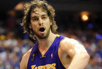 ORLANDO, FL - JUNE 14:  Pau Gasol #16 of the Los Angeles Lakers reacts in the second quarter against the Orlando Magic in Game Five of the 2009 NBA Finals on June 14, 2009 at Amway Arena in Orlando, Florida.  NOTE TO USER:  User expressly acknowledges and agrees that, by downloading and or using this photograph, User is consenting to the terms and conditions of the Getty Images License Agreement.  (Photo by Ronald Martinez/Getty Images)
