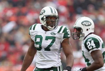 SAN FRANCISCO - DECEMBER 07:  Calvin Pace #97 of the New York Jets stands on the field against the San Francisco 49ers during an NFL game on December 7, 2008 at Candlestick Park in San Francisco, California. (Photo by Jed Jacobsohn/Getty Images)