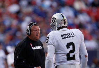 EAST RUTHERFORD, NJ - OCTOBER 11:  Head Coach Tom Cable and JaMarcus Russell #2 of the Oakland Raiders talk in between plays during the game on October 11, 2009 at Giants Stadium in East Rutherford, New Jersey.  (Photo by Jared Wickerham/Getty Images)