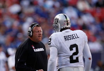 EAST RUTHERFORD, NJ - OCTOBER 11:  Head Coach Tom Cable and JaMarcus Russell #2 of the Oakland Raiders talk in between plays during the game on October 11, 2009 at Giants Stadium in East Rutherford, New Jersey.  (Photo by Jared Wickerham/Getty Images)