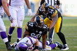 PITTSBURGH - OCTOBER 25: James Harrison #92 and LaMarr Woodley #56 of the Pittsburgh Steelers celebrate Harrison's sack on Brett Favre #4 of the Minnesota Vikings at Heinz Field on October 25, 2009 in Pittsburgh, Pennsylvania. Pittsburgh won 27-17. (Photo by Rick Stewart/Getty Images)