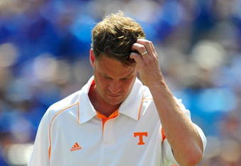 GAINESVILLE, FL - SEPTEMBER 19:  Head coach Lane Kiffin of the Tennessee Volunteers watches the action prior to the game against the Florida Gators at Ben Hill Griffin Stadium on September 19, 2009 in Gainesville, Florida.  (Photo by Sam Greenwood/Getty Images)