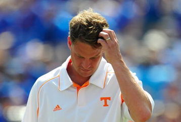 GAINESVILLE, FL - SEPTEMBER 19:  Head coach Lane Kiffin of the Tennessee Volunteers watches the action prior to the game against the Florida Gators at Ben Hill Griffin Stadium on September 19, 2009 in Gainesville, Florida.  (Photo by Sam Greenwood/Getty Images)