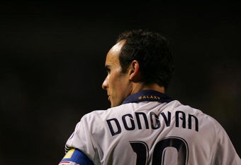 CARSON, CA - JULY 11:  Landon Donovan #10 of the Los Angeles Galaxy looks on during a break in MLS game action against against Chivas USA at The Home Depot Center on July 11, 2009 in Carson, California. The Galaxy defeated Chivas USA 1-0.  (Photo by Victor Decolongon/Getty Images)