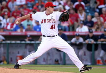 ANAHEIM, CA - OCTOBER 22:  Starting pitcher John Lackey #41 of the Los Angeles Angels of Anaheim pitches in the first inning against the New York Yankees in Game Five of the ALCS during the 2009 MLB Playoffs at Angel Stadium on October 22, 2009 in Anaheim, California.  (Photo by Stephen Dunn/Getty Images)