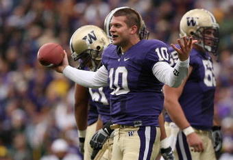SEATTLE - OCTOBER 24:  Quarterback Jake Locker #10 of the Washington Huskies pleads for a penalty after having his helmut ripped off on a running play against the Oregon Ducks on October 24, 2009 at Husky Stadium in Seattle, Washington. No penalty was called on the play, and the Ducks defeated the Huskies 43-19. (Photo by Otto Greule Jr/Getty Images)