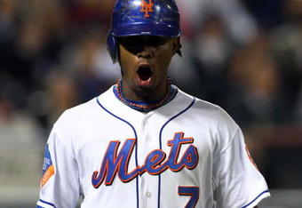 NEW YORK - MAY 11:  Jose Reyes #7 of the New York Mets reacts after flying out in the sixth inning against the Atlanta Braves on May 11, 2009 at Citi Field in the Flushing neighborhood of the Queens borough of New York City.  (Photo by Jim McIsaac/Getty Images)