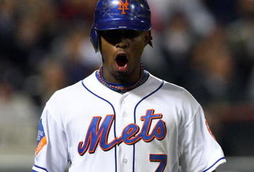 NEW YORK - MAY 11:  Jose Reyes #7 of the New York Mets reacts after flying out in the sixth inning against the Atlanta Braves on May 11, 2009 at Citi Field in the Flushing neighborhood of the Queens borough of New York City.  (Photo by Jim McIsaac/Getty Images)