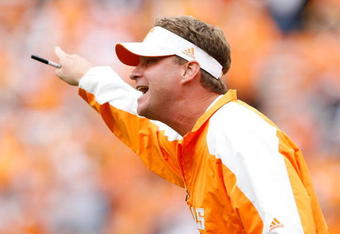 KNOXVILLE, TN - OCTOBER 10: Lane Kiffin the Head Coach of the Tennessee Volunteers is pictured during the SEC game against the Georgia Bulldogs at Neyland Stadium on October 10, 2009 in Knoxville, Tennessee. (Photo by Andy Lyons/Getty Images)