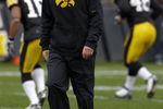 IOWA CITY, IOWA - NOVEMBER 8: Head Coach Kirk Ferentz of the Iowa Hawkeyes runs his team through pre-game drills before taking on the  Penn State Nittany Lions at Kinnick Stadium on November 8, 2008 in Iowa City, Iowa. Iowa defeated Penn State  24-23. (Photo by David Purdy/Getty Images)