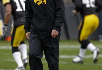 IOWA CITY, IOWA - NOVEMBER 8: Head Coach Kirk Ferentz of the Iowa Hawkeyes runs his team through pre-game drills before taking on the  Penn State Nittany Lions at Kinnick Stadium on November 8, 2008 in Iowa City, Iowa. Iowa defeated Penn State  24-23. (Photo by David Purdy/Getty Images)