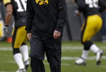 IOWA CITY, IOWA - NOVEMBER 8: Head Coach Kirk Ferentz of the Iowa Hawkeyes runs his team through pre-game drills before taking on the  Penn State Nittany Lions at Kinnick Stadium on November 8, 2008 in Iowa City, Iowa. Iowa defeated Penn State  24-23. (Photo by David Purdy/Getty Images)