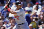 30 Jun 2001:  Infielder Albert Pujols #5 of the St. Louis Cardinals waits for the pitch during the National League game against the San Francisco Giants at Pacific Bell Park in San Francisco, California.  The Giants defeated the Cardinals 5-2.  Mandatory Credit:  Jed Jacobsohn /Getty Images