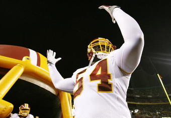 LANDOVER, MD - OCTOBER 26:  Linebacker H.B. Blades #54 of the Washington Redskins acknowledges the crowd during team introductions before the game against the Philadelphia Eagles at FedEx Field October 26, 2009 in Landover, Maryland. (Photo by Win McNamee/Getty Images)