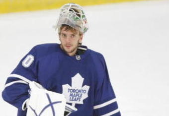 MISSISSAUGA, CANADA - AUGUST 26:  Goaltender Jonas Gustavsson #50 of the Toronto Maple Leafs looks on during the Upper Deck NHL Rookie Debut on August 26, 2009 at the Hershey Centre in Mississauga, Ontario.  (Photo By Dave Sandford/Getty Images)