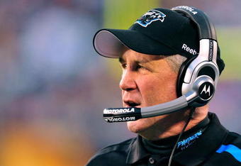 CHARLOTTE, NC - OCTOBER 25:  Coach John Fox of the Carolina Panthers watches his team against the Buffalo Bills at Bank of America Stadium on October 25, 2009 in Charlotte, North Carolina. Buffalo won 20-9. (Photo by Grant Halverson/Getty Images)