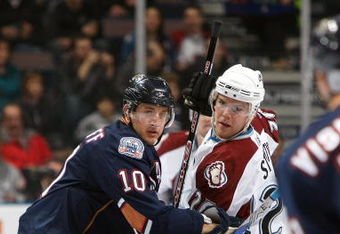 EDMONTON, CANADA - NOVEMBER 15:  Shawn Horcoff #10 of the Edmonton Oilers and Paul Stastny #26 of the Colorado Avalanche vie for position during their NHL game on November 15, 2008 at Rexall Place in Edmonton, Alberta, Canada. The Avalanche defeated the Oilers 3-2 in shootout overtime. (Photo by Dale MacMillan/Getty Images)