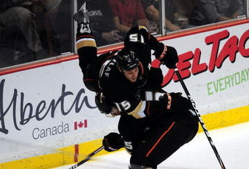 ANAHEIM, CA - OCTOBER 21:  Ryan Getzlaf #15 falls over teamate Luca Sbisa #5  of the Anaheim Ducks during the game against the Dallas Stars at The Honda Center on October 21, 2009 in Anaheim, California.  (Photo by Jacob de Golish/Getty Images)