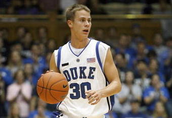 DURHAM, NC - NOVEMBER 25: Jon Scheyer #30 of the Duke Blue Devils dribbles down the court during the game against the Eastern Kentucky Colonels at Cameron Indoor Stadium on November 25, 2007 in Durham, North Carolina. Duke defeated Eastern Kentucky 78-43. (Photo by: Kevin C. Cox/Getty Images)