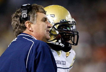 ATLANTA - OCTOBER 17:  Head coach Paul Johnson (L) of the Georgia Tech Yellow Jackets converses with quarterback Josh Nesbitt #9 after his touchdown against the Virginia Tech Hokies at Bobby Dodd Stadium on October 17, 2009 in Atlanta, Georgia.  (Photo by Kevin C. Cox/Getty Images)